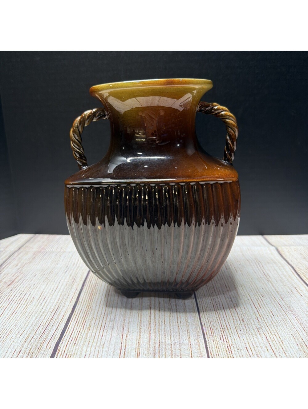 Antique Rookwood Pottery Vase With Ridged Accents And Rope Style Handles Signed